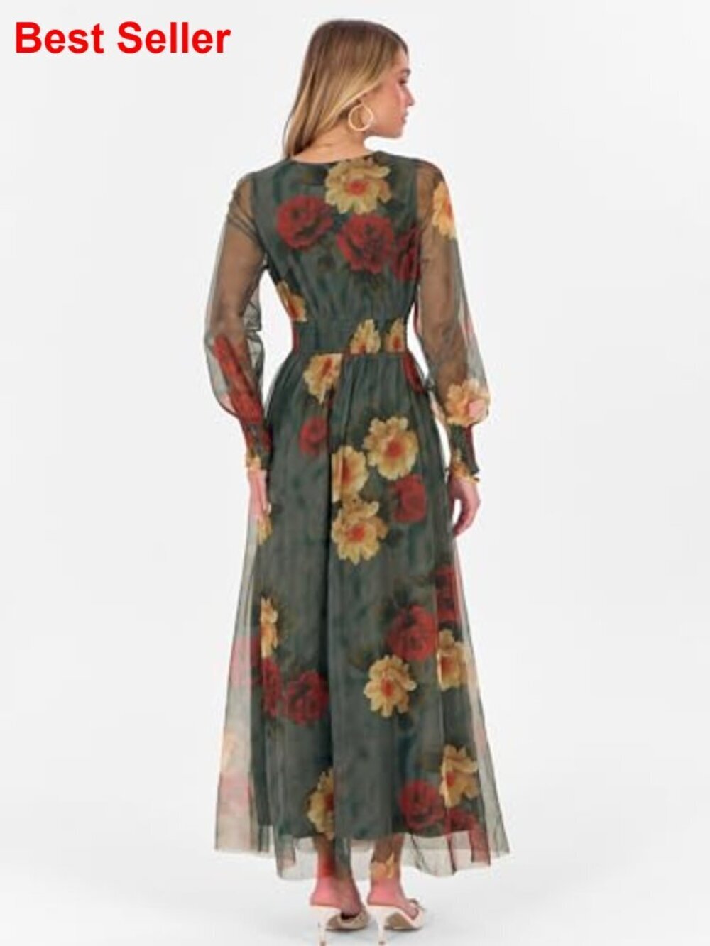 Floral Maxi Dress with Puff Sleeves, V-Neck, 100% Polyester - Picture 6 of 7